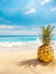 A pineapple on a sunny beach in a summer vacation background reminiscent of tropical relaxation