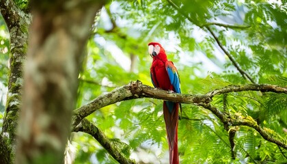In the lush depths of the tropical jungle, a majestic macaw perches proudly amidst a canopy of vibrant foliage