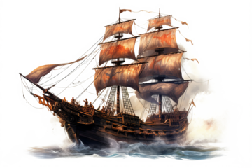 Ancient pirate ship illustration in PNG style with transparent background for nautical and maritime-themed designs and projects