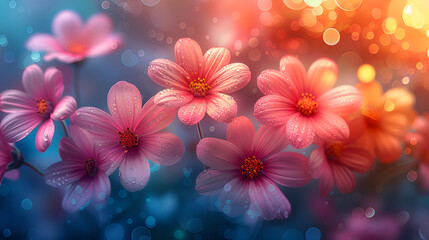 a bunch of pink flowers floating in the air