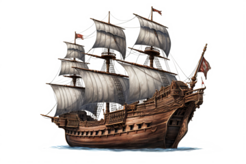 Ancient pirate ship illustration in PNG style with transparent background for nautical and maritime-themed designs and projects