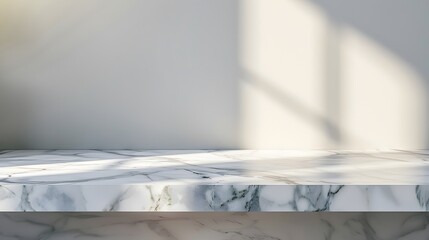 White marble table top or counter with blurry shadow on wall background. defocused template mock up display montages product. 