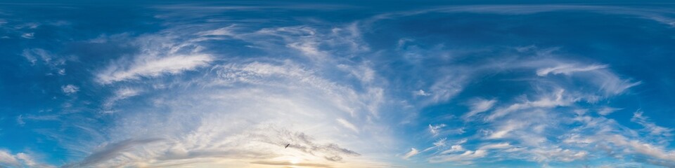 Seamless 360 HDR spherical panorama of sunset sky with vibrant pink Cirrus clouds. Full zenith or sky dome in 3D, sky replacement for aerial drone panoramas. Climate and weather change.