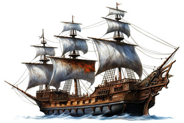 Realistic ancient pirate ship illustration in PNG format with transparent background for historical nautical and adventure-themed design projects