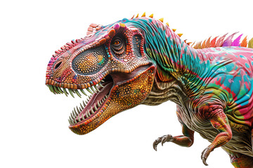 Fototapeta premium Tyrannosaurus Rex with colorful feathers, speculative evolution . Transparent background .
