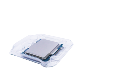 A close-up shot of a CPU processor packaged in a transparent plastic tray. Computer Processor chip tray backgrounds.