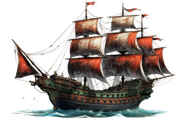 Realistic ancient pirate ship illustration in PNG format with transparent background for historical nautical and adventure-themed design projects