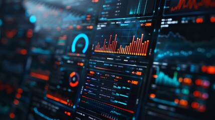 Close-up of a digital screen displaying various data analytics and financial charts. Ideal for technology, finance, or business-related content.
