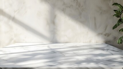 White marble table top or counter with blurry shadow on wall background. defocused template mock up display montages product. 