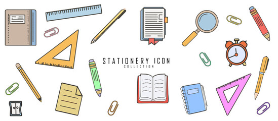 Colorful icon stationery tools. Symbols set, flat graphics: pencils, books and notebooks for office, business and school. Logo idea.