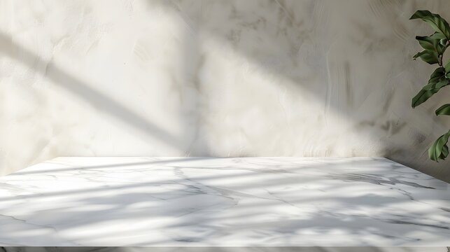White marble table top or counter with blurry shadow on wall background. defocused template mock up display montages product. 