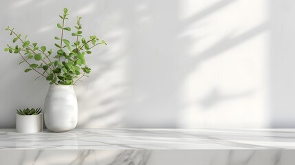 White marble table top or counter with blurry shadow on wall background. defocused template mock up display montages product. 