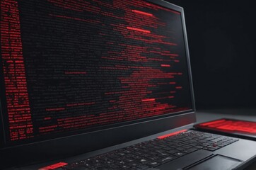 Laptop displaying red code in dark background creating techy and menacing atmosphere