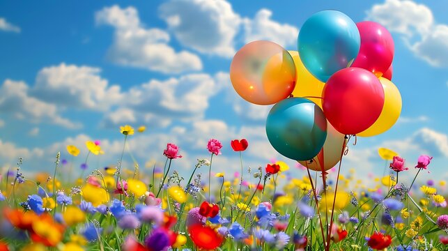 Spring party with colorful balloons in spring flower field 