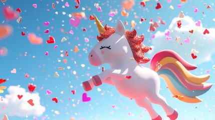 Obraz premium Create a 3D, cute unicorn with a glittery, rainbow mane, prancing through a sky filled with heart-shaped clouds and Valentine's Day confetti.