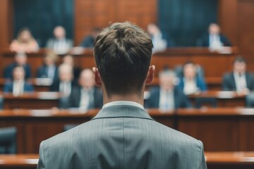 Fototapeta premium Intense Legal Battle: Lawyer Defending Client's Innocence in Courtroom Drama