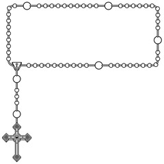 Photo frame with Catholic rosary, rosary with square Christian cross, symbol of the Catholic religion