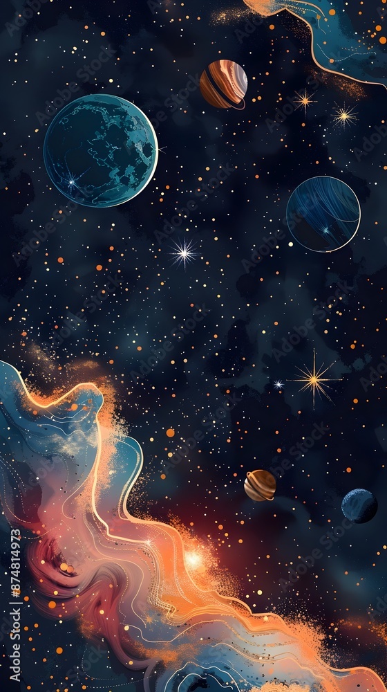 Wall mural captivating cosmic landscape with luminous planets sparkling stars and swirling nebulae against a da