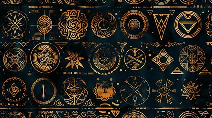 Naklejka premium Seamless pattern illustration background featuring mystical runes and symbols