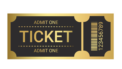 Golden ticket on the black background. For cinema, party, club, festival, event. Vector illustration.