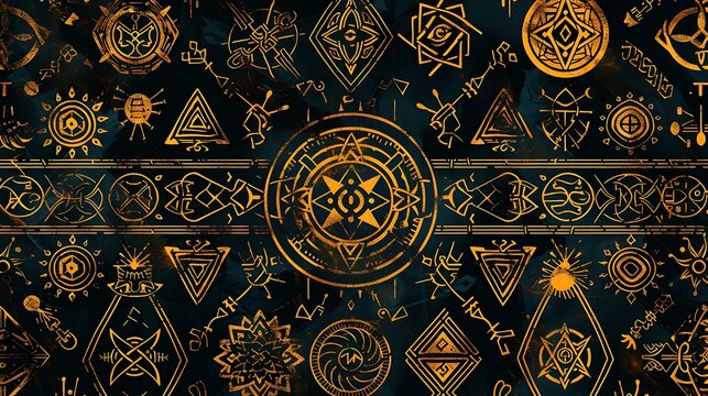Seamless pattern illustration background featuring mystical runes and symbols