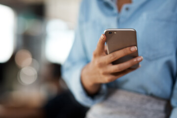 Business, woman and smartphone in hand or office for trend research by creative agency for media internship and job. Phone, girl and online for post schedule, influencer outreach and content creation