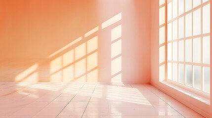 Peach pastel luxury studio gradient wall and floor background in empty room with bright light. 