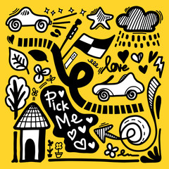 Cute child doodle car, flowers, hearts. Collection of hand drawn doodle sketch childish elements. children's drawing style design element background.