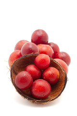 Front view of fresh Cherry Plum (Prunus cerasifera) fruits spilled out from a ceramic bowl on a...