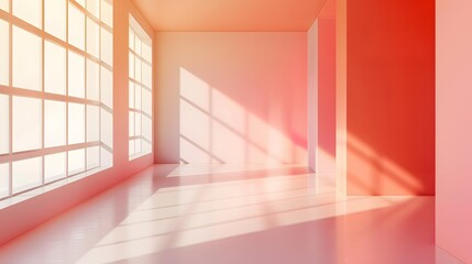 Peach pastel luxury studio gradient wall and floor background in empty room with bright light. 