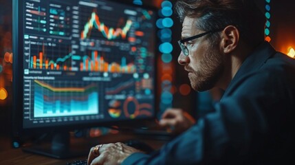 A focused professional analyzing graphs and financial data on dual monitors in a high-tech office environment.