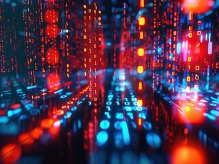 Glowing red and blue pixelated binary code encryption in digital data stream. Concept Digital Data Encryption, Red & Blue Glowing Pixels, Binary Code Encryption, Data Stream Visuals