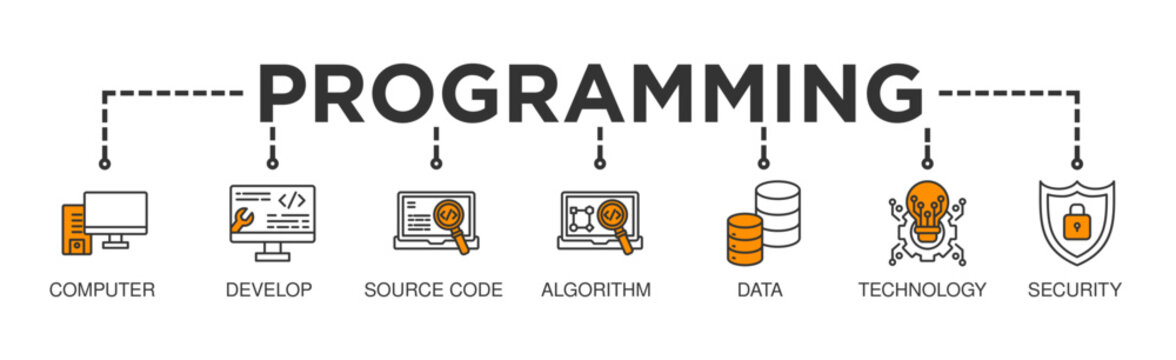 Programming banner web icon vector illustration concept with icon of computer, develop, source code, algorithm, data, technology and security