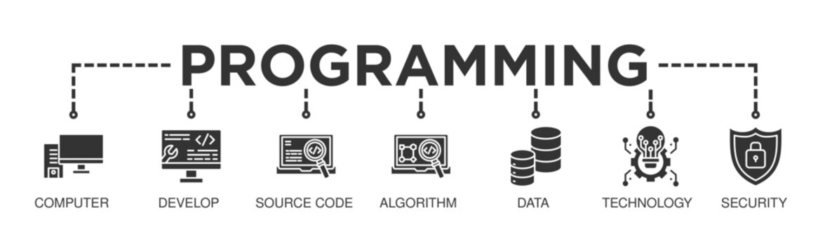 Programming banner web icon vector illustration concept with icon of computer, develop, source code, algorithm, data, technology and security