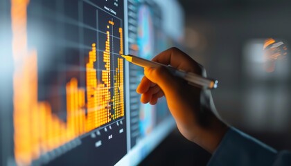 A business person analyzing graphs and charts on a computer screen.