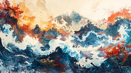 Aeolus unleashes the four winds of Mt. Fuji, each taking on a different shape and painting a unique seasonal landscape as they battle for dominance. The storms and waves of the sea
