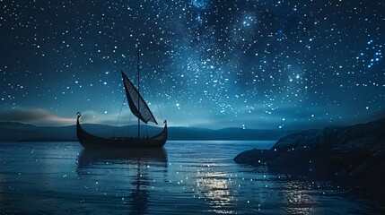 Naklejka premium Sailboat cuts through blue ocean waves under a starry night sky