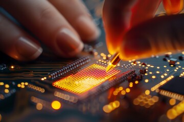 A close-up of a computer chip being manufactured.