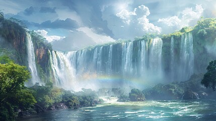 Fototapeta premium A powerful waterfall cascades down rocky cliffs in a lush forest landscape