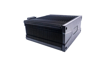 Close-up image of black computer CPU cooler, showcasing the intricate design and details of the fins and cooling system isolated on white backgrounds. Computer upgrade concepts.