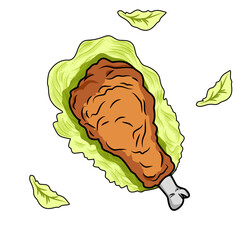 Chicken drumstick with side vegetables and leaves as garnish in a cartoon style.