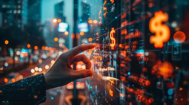 A person interacts with a digital financial interface amidst an illuminated urban backdrop.