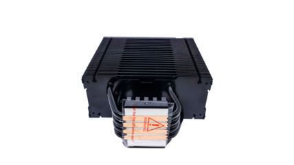 Close-up of a black CPU cooler with a large heat sink and a fan. The cooler is designed to dissipate heat from the CPU and keep it running at an optimal temperature.