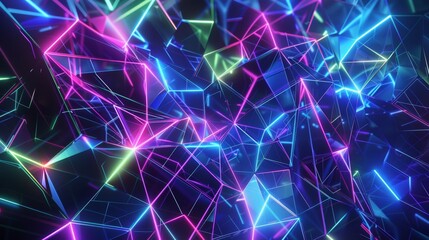 Fototapeta premium Digital prismatic triangles morph into holographic hexagons, and neon lines trace intricate patterns across the screen. with shades of electric blue, laser green