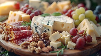Artisanal Charcuterie Board With Assorted Cheeses Fruits and Nuts on Rustic Wooden Background
