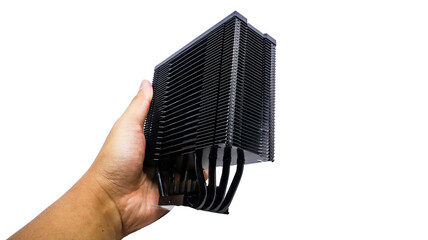 A close-up view of a black CPU cooler held in a hand against a white background. The cooler has a...
