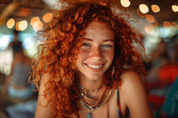 Fototapeta premium Portrait of a young happy red-haired curly woman. Hippie girl, boho style. The girl smiles. Party. 