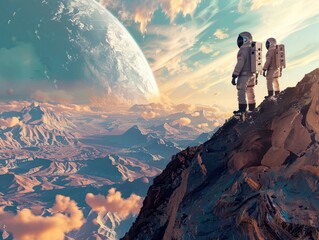 Two astronauts explore alien land landscape with giant planet and mountains. Fantasy wall paper.
