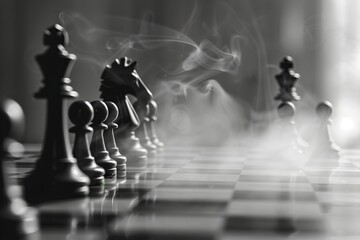 misty chess board with black color chess pieces on dark smoky background 