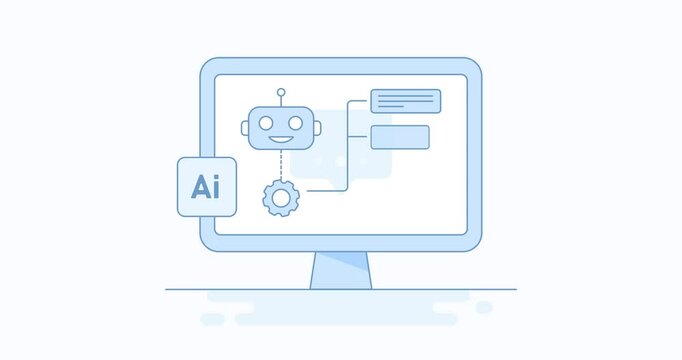 Ai chat bot offers business solutions. Ai robot chat bot giving text answer on desktop computer monitor screen. 2d animation video